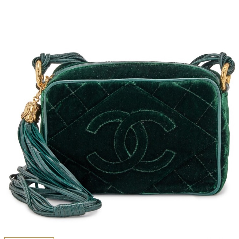 Green Quilted Velvet CC Camera Tassel Bag Gold Hardware, 1991